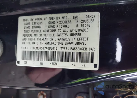 2007 Honda Accord 3.0 Ex z USA, uszkodzony, nr VIN 1HGCM66517A083015